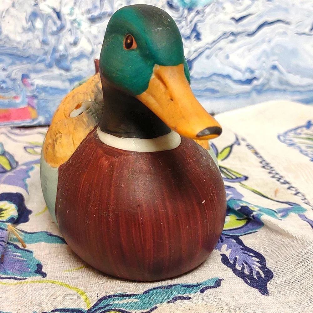 Porcelain Hand Painted Figural Mallard Duck Pencil Holder Vintage